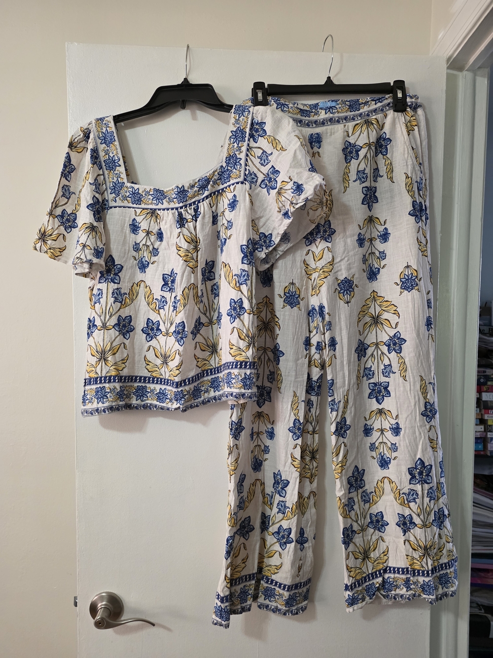 Draper James White Floral Two-Piece Set with Blue and Yellow Print